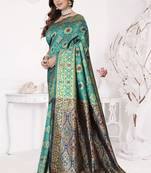 Aqua Blue Banarasi Cotton Silk Saree with Royal Blue Woven Pallu and Traditional Zari Design