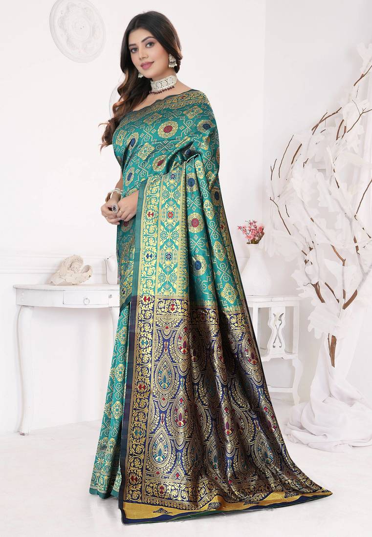 Aqua Blue Banarasi Cotton Silk Saree with Royal Blue Woven Pallu and Traditional Zari Design
