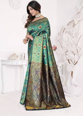 Aqua Blue Banarasi Cotton Silk Saree with Royal Blue Woven Pallu and Traditional Zari Design 2