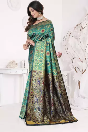 Aqua Blue Banarasi Cotton Silk Saree with Royal Blue Woven Pallu and Traditional Zari Design