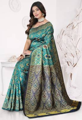 Aqua Blue Banarasi Cotton Silk Saree with Royal Blue Woven Pallu and Traditional Zari Design 3