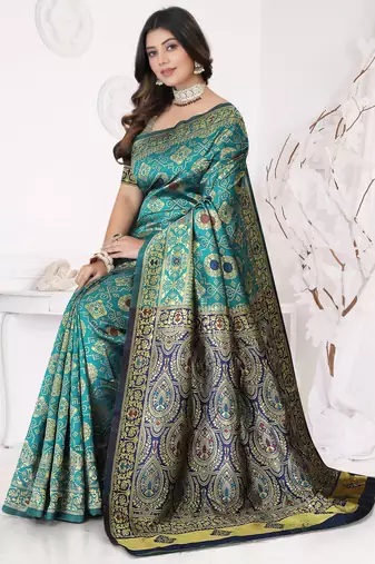 Aqua Blue Banarasi Cotton Silk Saree with Royal Blue Woven Pallu and Traditional Zari Design