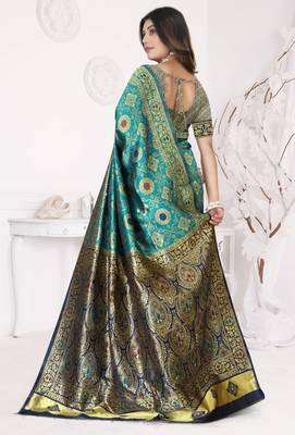 Aqua Blue Banarasi Cotton Silk Saree with Royal Blue Woven Pallu and Traditional Zari Design 4