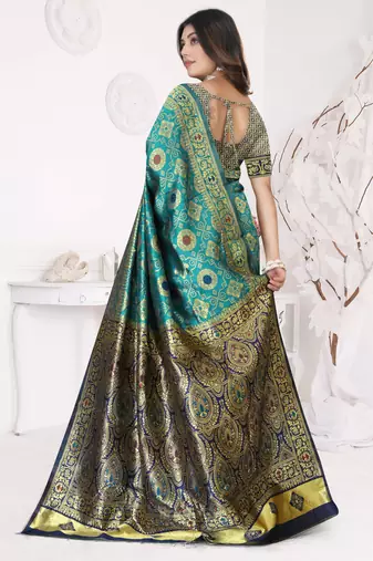 Aqua Blue Banarasi Cotton Silk Saree with Royal Blue Woven Pallu and Traditional Zari Design