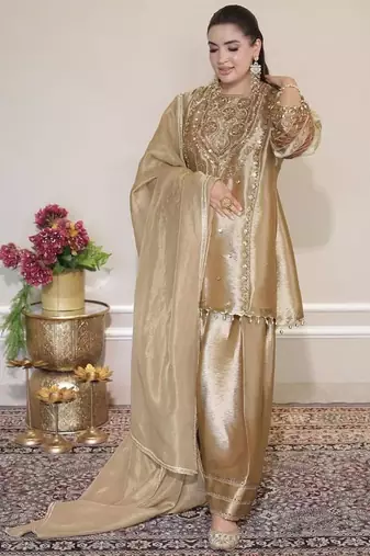 Gold fendy sequin embroidered salwar suit set with dupatta
