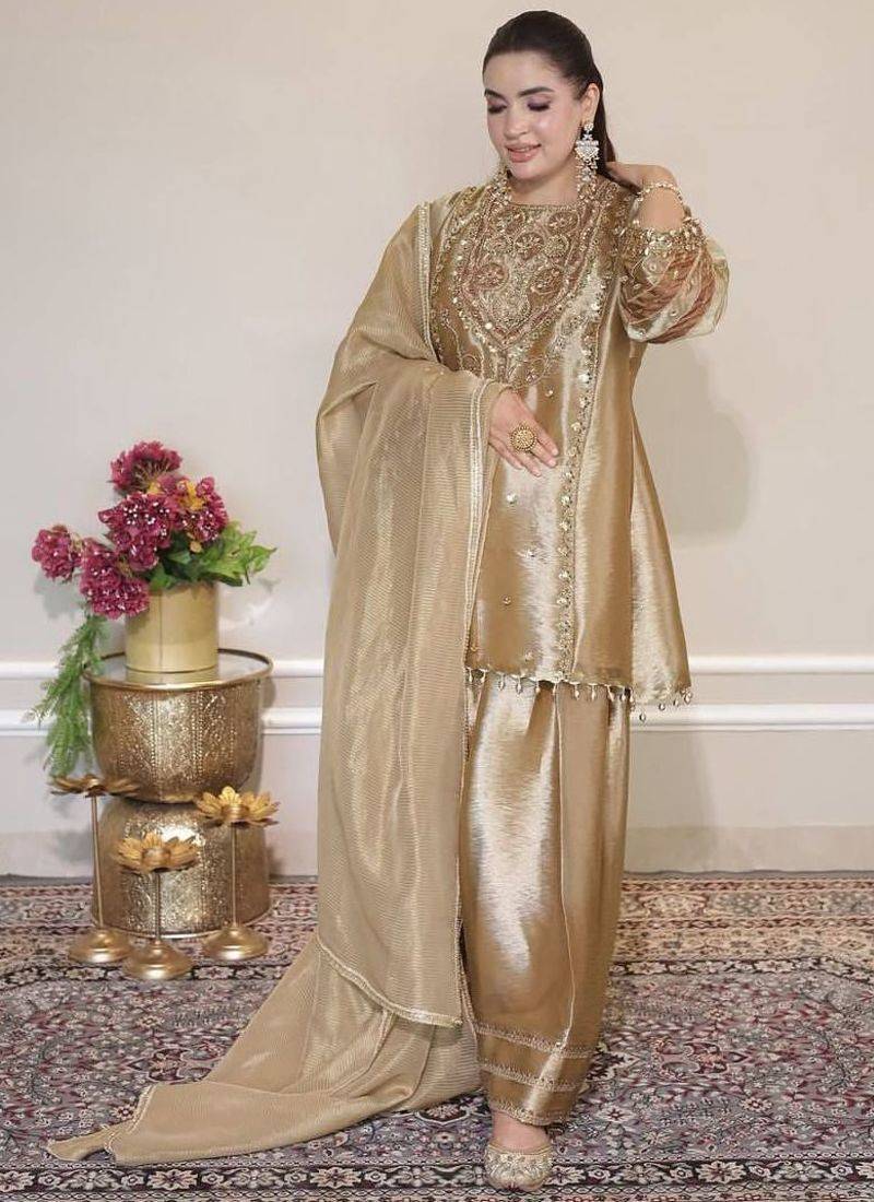 Gold fendy sequin embroidered salwar suit set with dupatta
