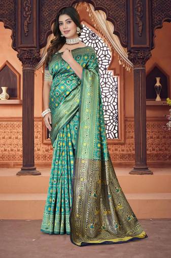 Aqua Blue Banarasi Cotton Silk Saree with Blue Woven Pallu and Traditional Zari Design
