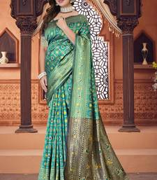 Aqua Blue Banarasi Cotton Silk Saree with Blue Woven Pallu and Traditional Zari Design