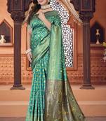 Aqua Blue Banarasi Cotton Silk Saree with Blue Woven Pallu and Traditional Zari Design