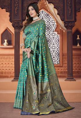 Aqua Blue Banarasi Cotton Silk Saree with Blue Woven Pallu and Traditional Zari Design 2