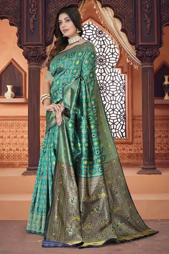 Aqua Blue Banarasi Cotton Silk Saree with Blue Woven Pallu and Traditional Zari Design