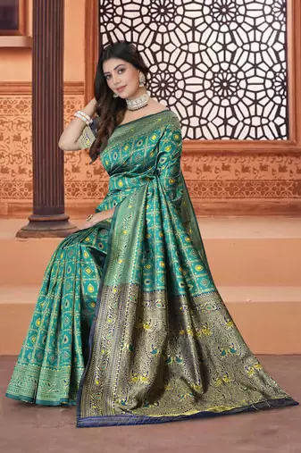 Aqua Blue Banarasi Cotton Silk Saree with Blue Woven Pallu and Traditional Zari Design
