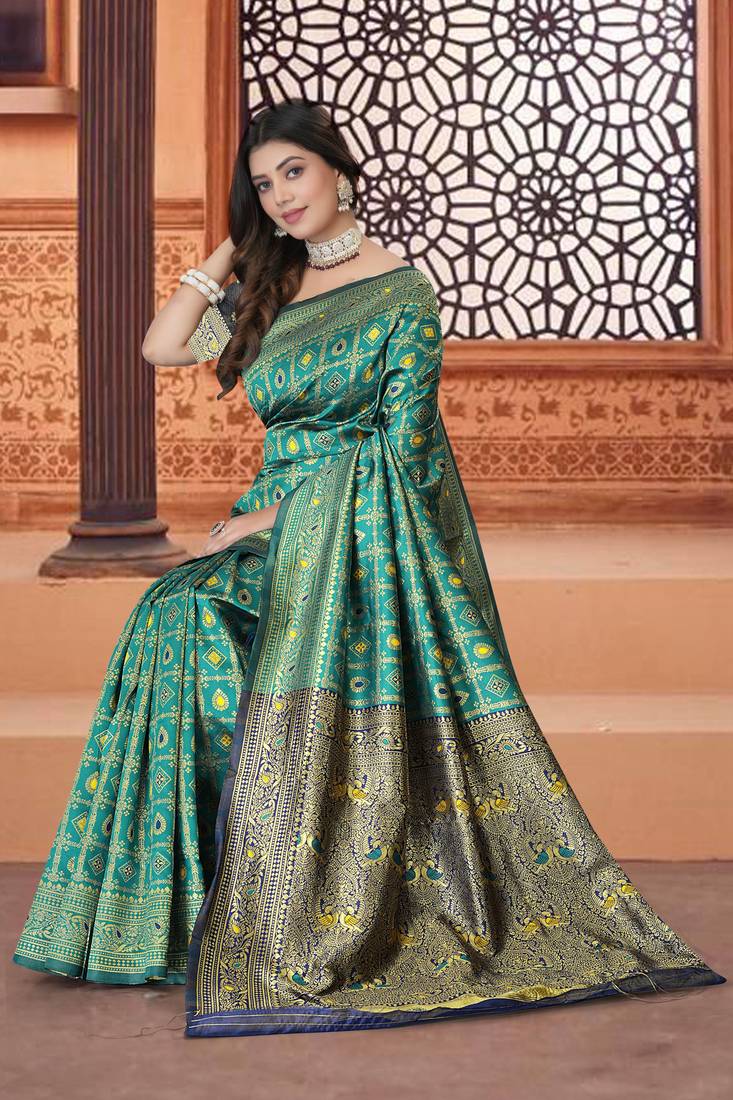 Aqua Blue Banarasi Cotton Silk Saree with Blue Woven Pallu and Traditional Zari Design
