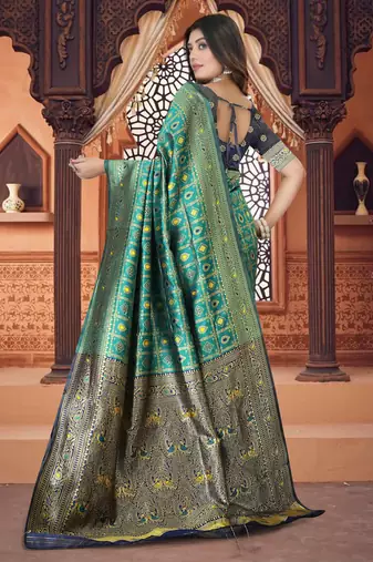 Aqua Blue Banarasi Cotton Silk Saree with Blue Woven Pallu and Traditional Zari Design