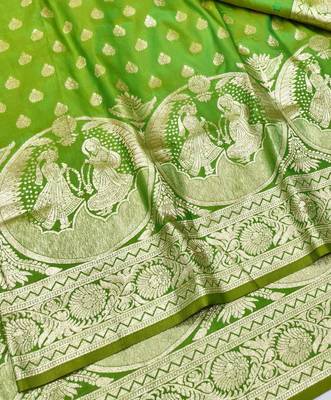 Green zari woven silk blend traditional saree with blouse piece 3
