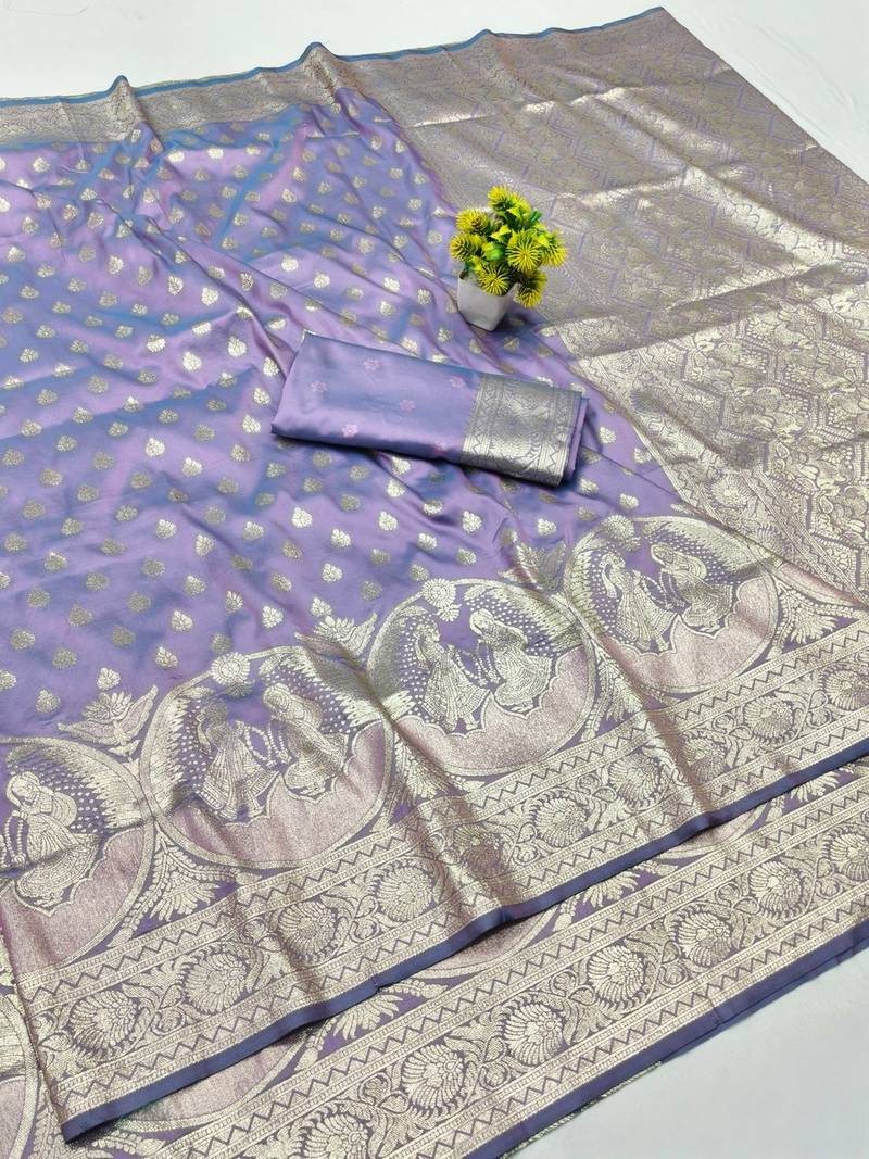 Purple zari woven banarasi silk blend traditional saree with blouse piece