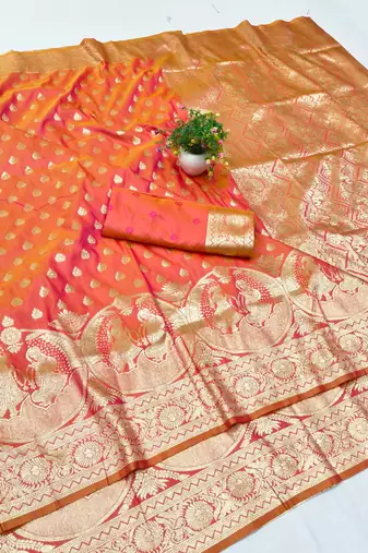 Orange zari woven banarasi silk blend traditional saree with blouse piece