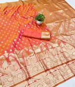 Orange zari woven banarasi silk blend traditional saree with blouse piece