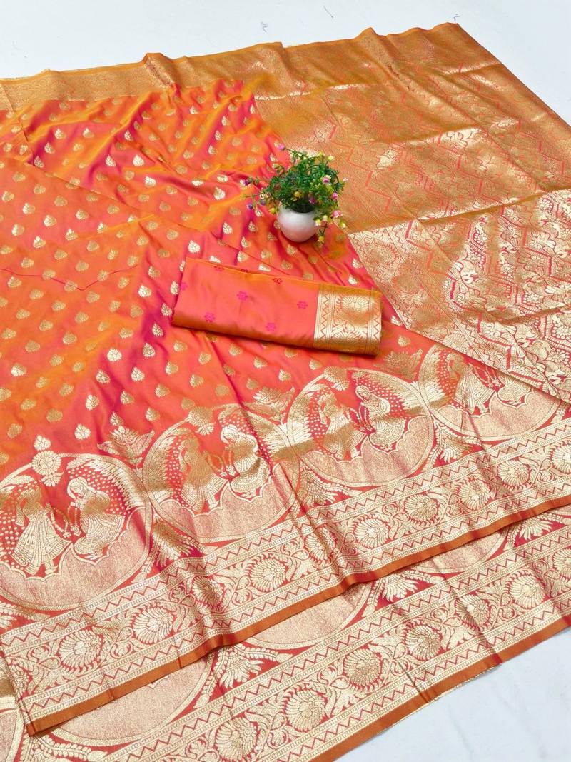 Orange zari woven banarasi silk blend traditional saree with blouse piece