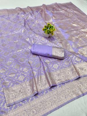 Lavender zari woven silk blend traditional saree with blouse piece 1