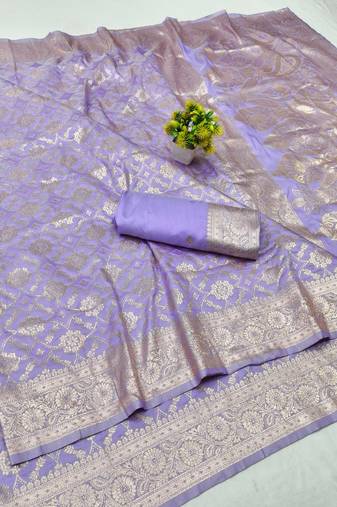 Lavender zari woven silk blend traditional saree with blouse piece
