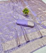 Lavender zari woven banarasi silk blend traditional saree with blouse piece