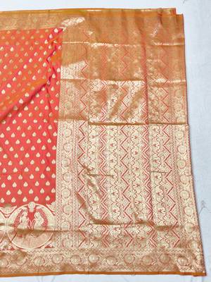Orange zari woven silk blend traditional saree with blouse piece 2
