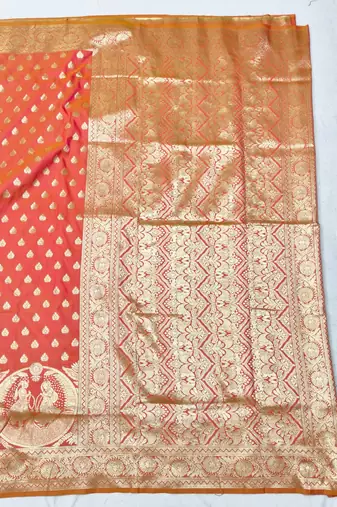 Orange zari woven silk blend traditional saree with blouse piece
