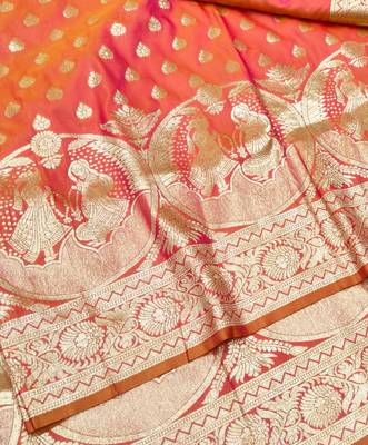 Orange zari woven silk blend traditional saree with blouse piece 3