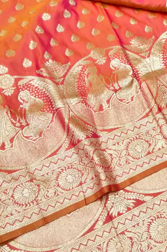 Orange zari woven silk blend traditional saree with blouse piece