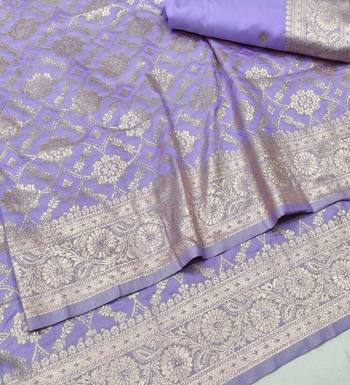 Lavender zari woven silk blend traditional saree with blouse piece 3