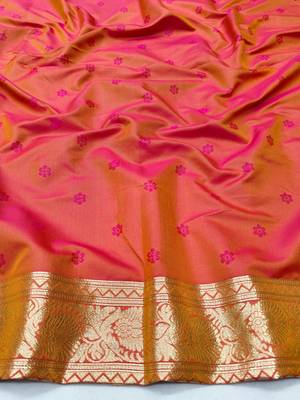 Orange zari woven silk blend traditional saree with blouse piece 4