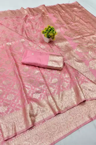 Pink zari woven banarasi silk blend traditional saree with blouse piece