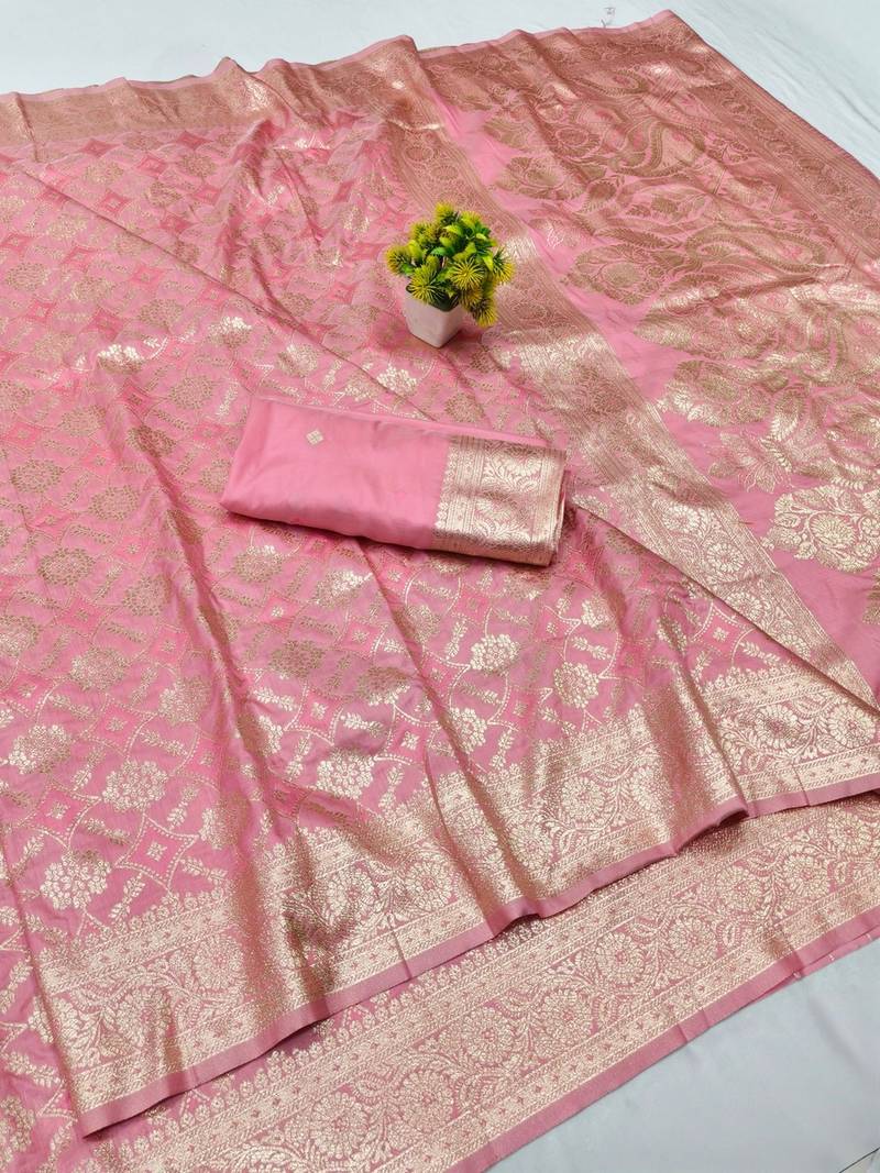Pink zari woven banarasi silk blend traditional saree with blouse piece