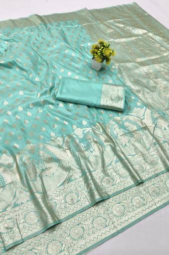 Blue zari woven banarasi silk blend traditional saree with blouse piece