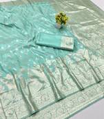 Blue zari woven banarasi silk blend traditional saree with blouse piece