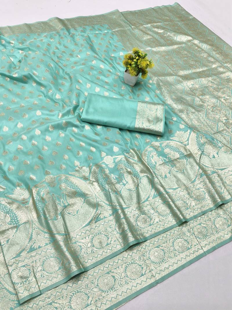 Blue zari woven banarasi silk blend traditional saree with blouse piece