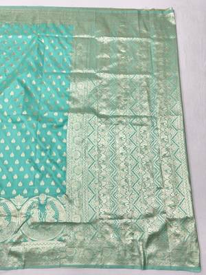 Blue zari woven silk blend traditional saree with blouse piece 2