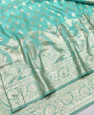 Blue zari woven silk blend traditional saree with blouse piece 3