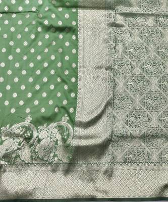 Light green zari woven silk blend traditional saree with blouse piece 5