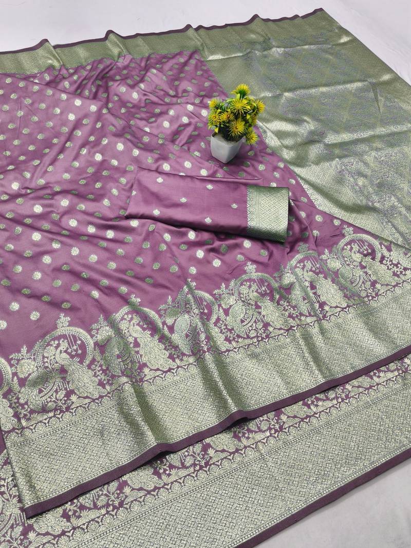 Wine zari woven banarasi silk blend traditional saree with blouse piece