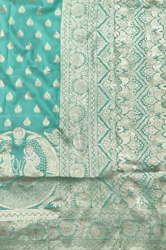 Blue zari woven silk blend traditional saree with blouse piece