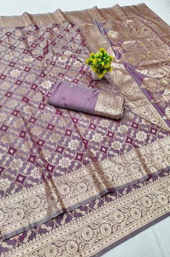 Purple zari woven banarasi silk blend traditional saree with blouse piece