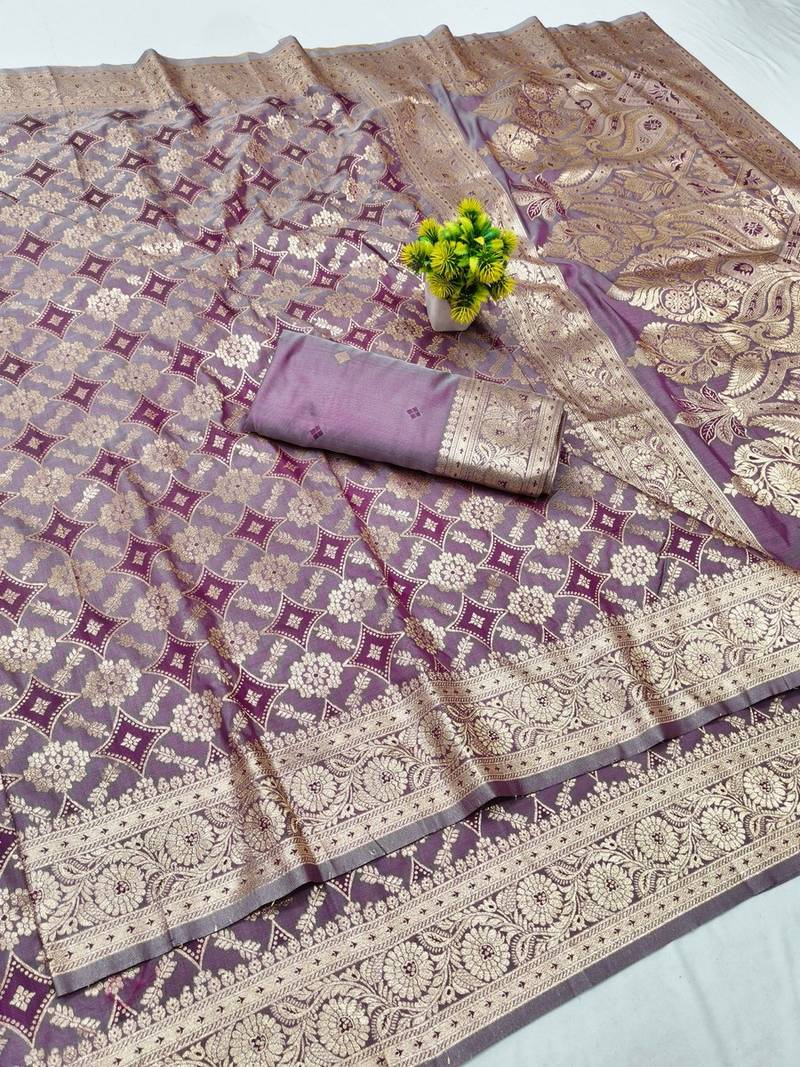 Purple zari woven banarasi silk blend traditional saree with blouse piece