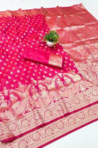 Rani zari woven banarasi silk blend traditional saree with blouse piece