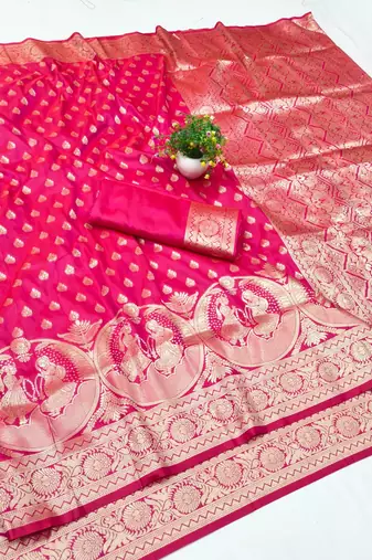 Rani zari woven silk blend traditional saree with blouse piece