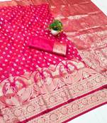Rani zari woven banarasi silk blend traditional saree with blouse piece