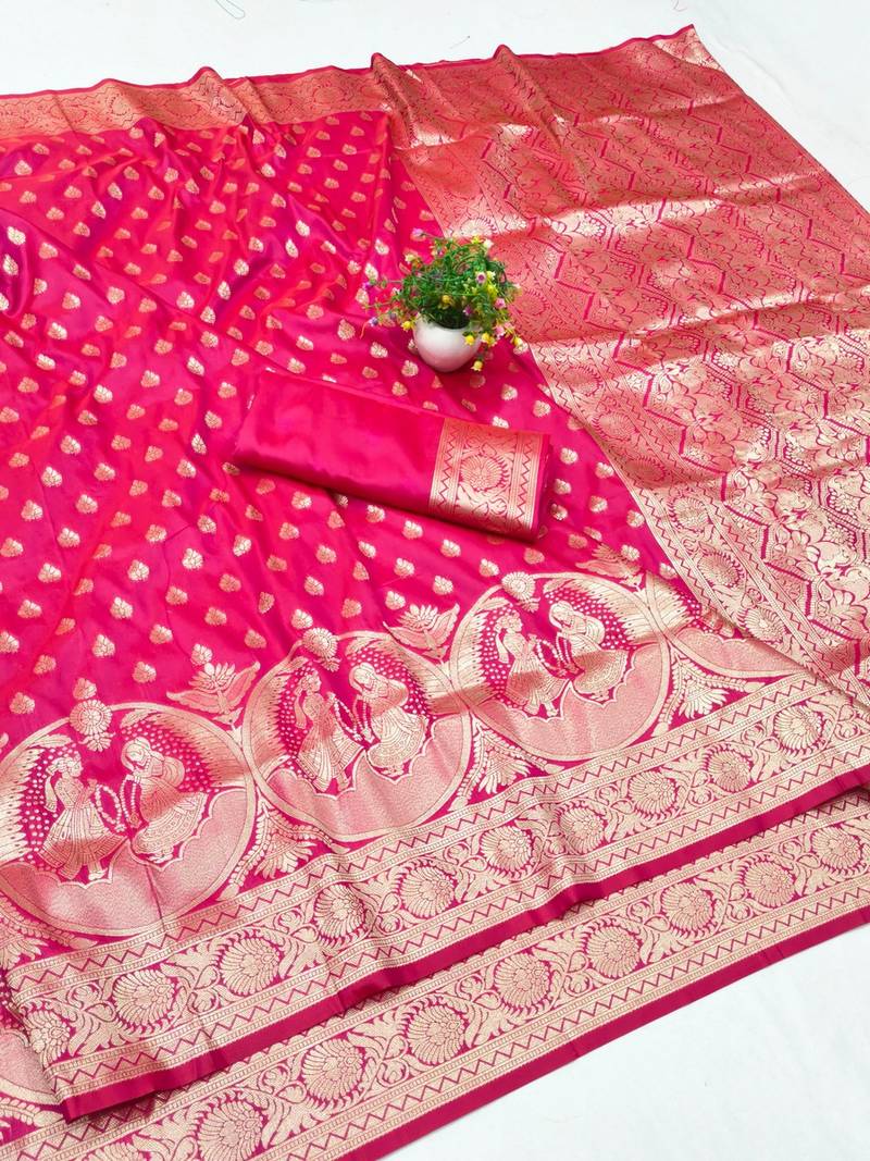 Rani zari woven banarasi silk blend traditional saree with blouse piece