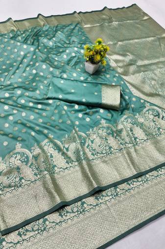 Green zari woven banarasi silk blend traditional saree with blouse piece