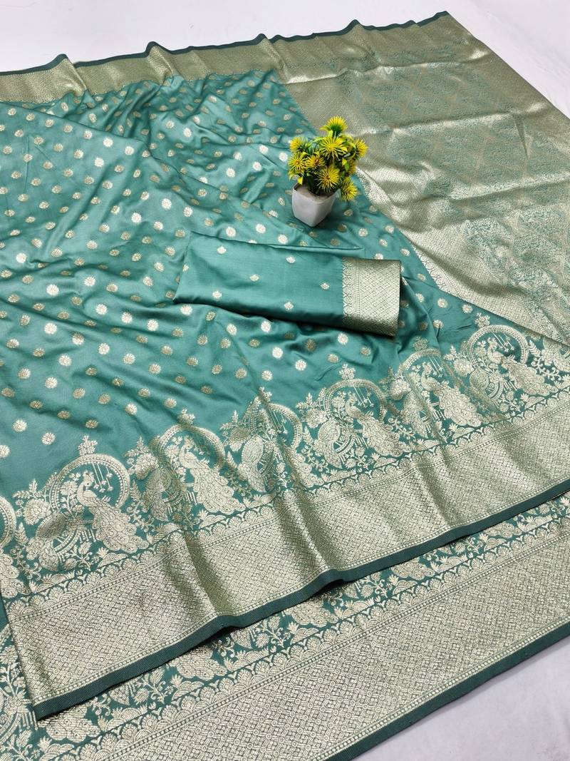 Green zari woven banarasi silk blend traditional saree with blouse piece
